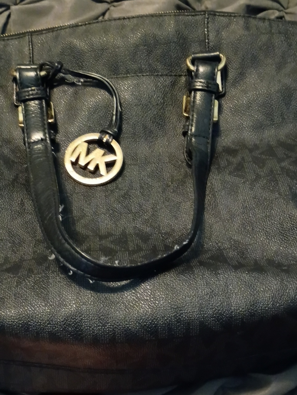 Michael Kors Black Monogram Tote with Gold MK Charm